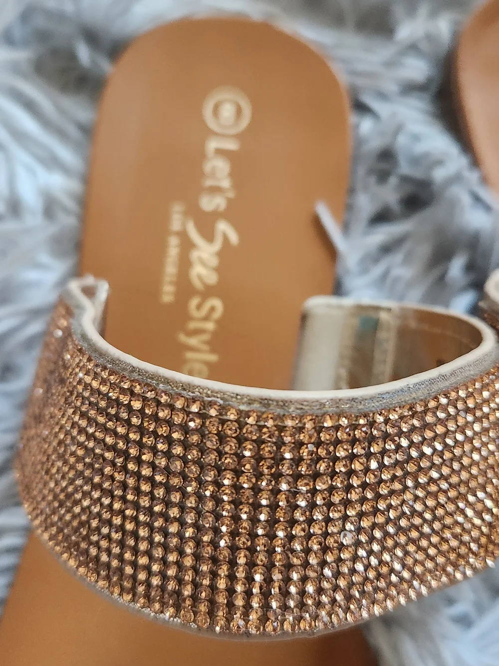 Gold Rhinestone Double-Strap Slide Sandals - Picture 2 of 5